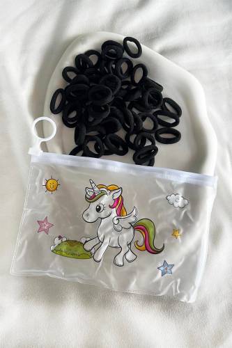 Siyah Renk Unicorn Figürlü Havlu Lastik Toka Set (Minik) - 0